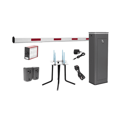 Kit COMPLETO Barrera Izquierda XBS Con Corona LED / Brazo de 5.5 Metros / Incluye Sensor de Masa, Transformador, Lazo Magnético, Ancla, Fotoceldas y 2 Controles Inalámbricos