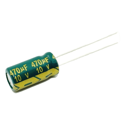 Capacitor Electrolítico de Aluminio / 470 µF / 10 VDC / 105 °C / Radial 6.3 x 11 mm / Corriente de Rizado 300 mA @10kHz