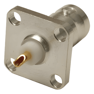 Conector BNC Hembra para Chasis / Montaje en Panel 17.53 mm / 4 Perforaciones 12.7 mm (0.5 in) / Impedancia 50 Ohm / Terminación por Soldadura