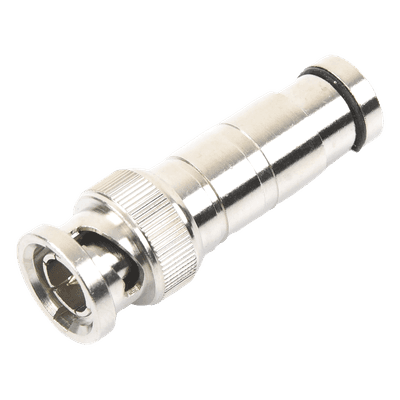 Conector BNC Macho en 75 Ohm, de Compresión Axial para Cable Coaxial RG-59/U, Níquel/ Oro/ Politetrafluoroetileno.