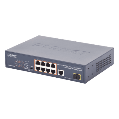 Switch no Administrable 8 puertos 10/100 PoE 802.3af/at 135W, 1 puerto Uplink 10/100/1000 y 1 SFP 100/1000 para escritorio