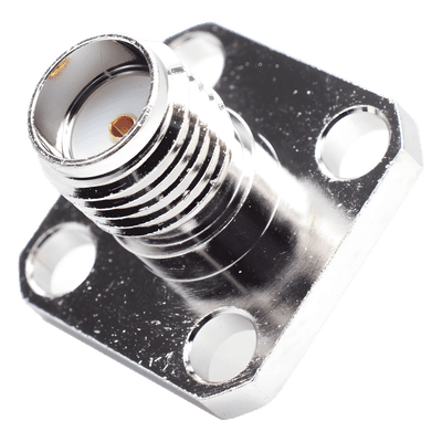 Conector SMA Hembra / Montaje Panel Cuadrado 12.7 mm (0.5 in) / 4 Perforaciones 8.64 mm (0.34 in) / Soldable / Níquel-Oro-PTFE