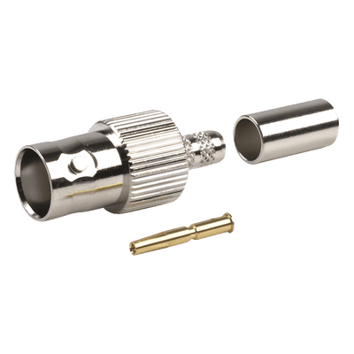 Conector BNC Hembra / Anillo Plegable / Cables RG-8/X, LMR-240, 9258 / Cuerpo Bronce Niquelado / Contacto Oro 24K / Aislamiento Delrin