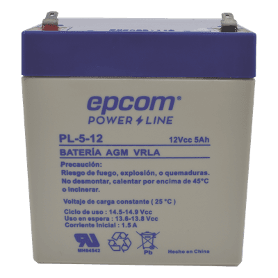 Batería 12 Vcc / 5 Ah / UL / Tecnología AGM-VRLA / Para uso en equipo electrónico Alarmas de intrusión / Incendio/ Control de acceso / Video Vigilancia / Terminales F1 / Cargador recomendado CHR-80.