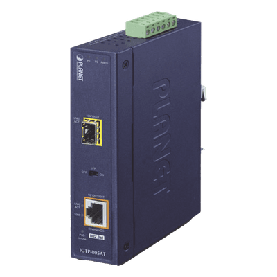Convertidor de Medios PoE Industrial / SFP 1000BASE-X a RJ45 Gigabit / PoE+ 802.3at 30W / -40 a 75°C / IP30 / 12-48V CC o 24V CA