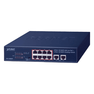 Switch de Escritorio de 8 Puertos 10/100TX 802.3at PoE+ / 2 Puertos 10/100TX / 120W PoE Budget / Modos Standard, VLAN y Extendido / Distancia Extendida Hasta 250m