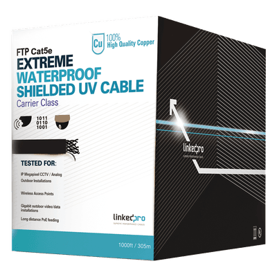 Cable UTP Categoría 5e para Exterior / 24AWG 4 Pares / Conductor Cobre Desnudo / Cubierta LDPE Negra Resistente a Rayos UV / Relleno Anti-Humedad PE Tap Compound / Soporte PoE IEEE 802.3at y Gigabit Ethernet / 1000 ft (304.8 m)