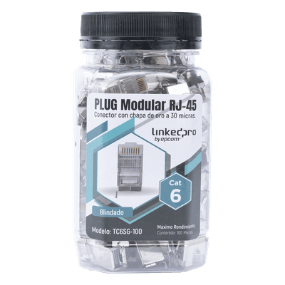 Plug Modular RJ45 / Cat6 Blindado / Pin de Tierra / Chapado Oro 30 Micras / 23 AWG / 100 Piezas