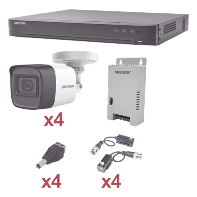 KIT TurboHD 1080p / DVR 4 Canales / 4 Cámaras Bala (exterior 2.8 mm) / Transceptores / Conectores / Fuente de Poder Profesional