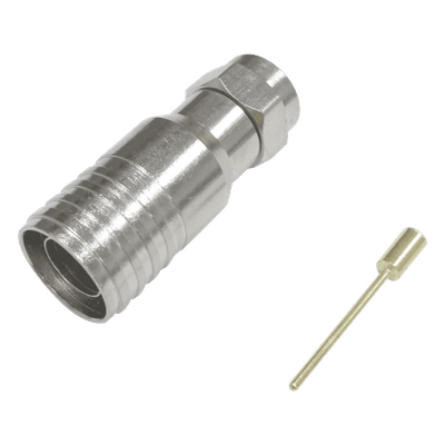 Conector F Macho en 75 Ohm, Plegable para Instalar en Cables Coaxiales RG-11, Cuerpo de Bronce-Niquelado/ Teflón.