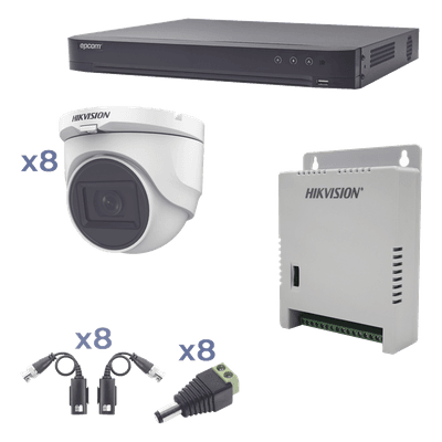 Kit TURBOHD 1080p / DVR 8 Canales / 8 Cámaras Turret (exterior 2.8 mm) / Conectores / Transceptores / Fuente de Poder Profesional hasta 15 Vcc para Larga Distancia