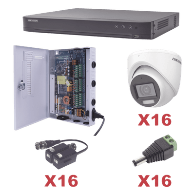 KIT TurboHD 1080p / DVR 16 Canales / 16 Cámaras Turret con Audio Integrado (Exterior 2.8 mm) / Transceptores / Conectores / Fuente de Poder Profesional