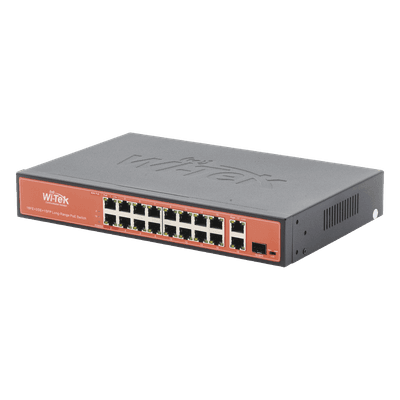 Switch PoE (802.3af/at/bt) / No administrable de largo alcance / Hasta 250m / 16 x 10/100Mbps (PoE) + 2 x 100/1000Mbps + 1 x SFP / 200 W