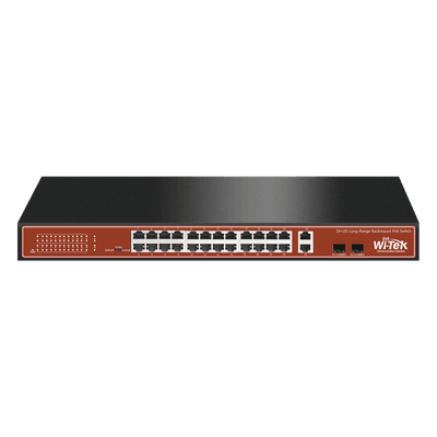 Switch PoE (802.3af/at/bt) / No administrable de largo alcance / Hasta 250m / Con 24 x 10/100Mbps + 2 x SFP Gigabit Combo / 250 W