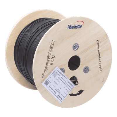 Carrete de 1 km de Fibra Óptica Aérea Mini Figura 8 G.657A2 Tipo Drop, Monomodo de 1 Hilo (Unifibra), Color Negro, Span 80