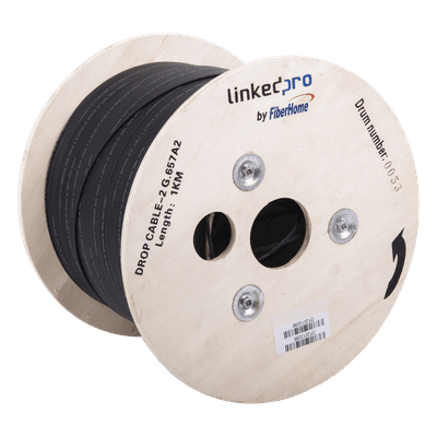 Carrete de 1 km de Fibra Óptica Drop, Interior/Exterior G.657A2 Monomodo de 2 Hilos (Bifibra), Diseñada para Fusionarse, Dieléctrica, Forro Negro, (No Soporta Conectores Mecánicos)