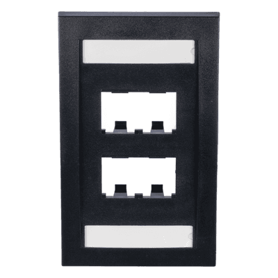 Placa de Pared Vertical / 4 Puertos Mini-Com / Con Espacio para Etiquetas / 2.75 x 4.5 pulg. / Perfil Elevado / Negro