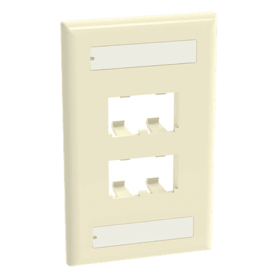 Placa de Pared Vertical / 4 Puertos Mini-Com / Diseño Plano / Con Espacios para Etiquetas / 2.75 x 4.5 in / ABS Marfil