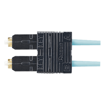 Conector de Fibra Óptica SC Duplex / Multimodo OM3/OM4 50/125 µm / Pre-pulido / Férula Zirconia / 900 µm Tight Buffer / Color Aqua