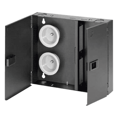 Caja de Conexión de Fibra Óptica / Montaje en Pared / 2 Placas FAP o FMP / Hasta 48 Fibras / Área de Bobinado Integrada / Cierre con Opción de Cerradura