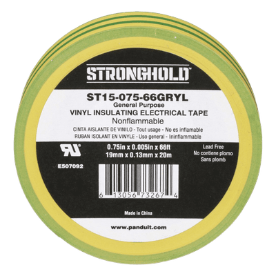 Cinta Eléctrica de Aislamiento / PVC 0.13 mm (5 mil) / 19.05 mm x 20.12 m (66 ft) / Adhesivo a Presión / Amarillo/Verde