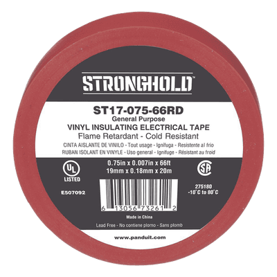 Cinta Aislante Eléctrica / PVC 0.18 mm / 19 mm Ancho / 20.12 m (66 ft) Largo / 600V / -10°C a 80°C / Rojo
