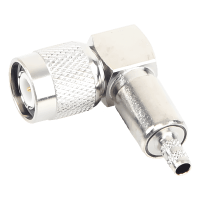 Conector RF TNC Macho / Ángulo Recto / Ensamblaje Anillo Plegable / Bronce Niquelado / Contacto Oro / Dieléctrico Teflón