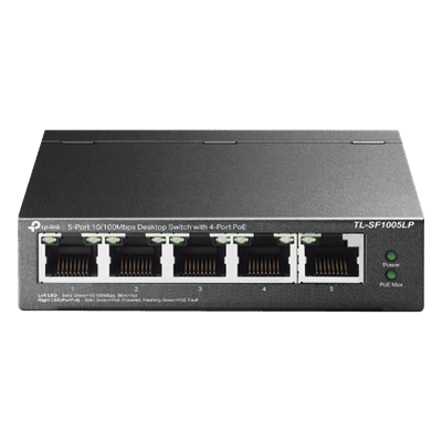 Switch PoE No Administrable de Escritorio / 5 puertos 10/100 Mbps / 4 puertos PoE af / Presupuesto 41 W / Modo extensor PoE hasta 250 metros / Calidad video prioritaria