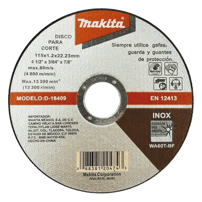 Disco de Corte / Acero Inoxidable / 115 mm (4-1/2') / Eje 7/8' / Espesor 1.2 mm