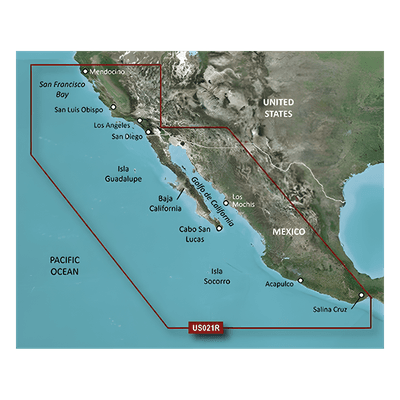 Carta Náutica Electrónica / Cobertura California a Puerto Vallarta / Gráficos Costeros de Alta Precisión / Auto Ruta por Profundidad / Contornos de 1' / 10 Rangos de Sombreado de Profundidad