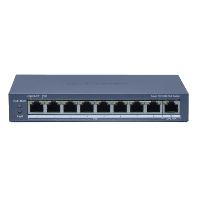 Switch PoE+ / Monitoreable / 8 Puertos 10/100 Mbps PoE+ / 1 Puerto 1000 Mbps de Uplink / Configuración Nube Hik-PartnerPro / Modo Extendido hasta 300 Metros / 110 W