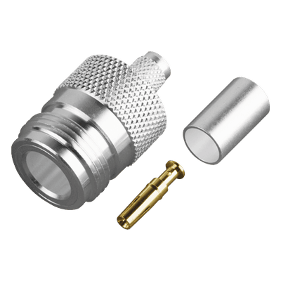 Conector RF Tipo N Hembra / Anillo Plegable / Contacto Oro / Cuerpo Plata / Aislante Teflón / Para Cable Proflex y Grupo P