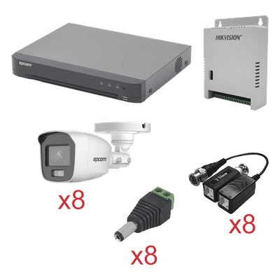 KIT TurboHD con Audio 1080p / DVR 8 Canales / 8 Cámaras Bala (exterior 2.8 mm) / Transceptores / Conectores / Fuente de Poder / AUDIO POR COAXITRON