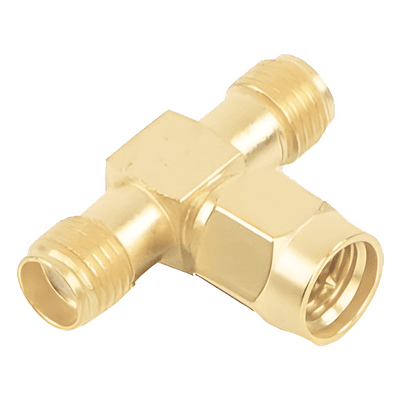 Adaptador RF en T / SMA Macho a Doble SMA Hembra / Recubrimiento de Oro / Aislante de Teflón
