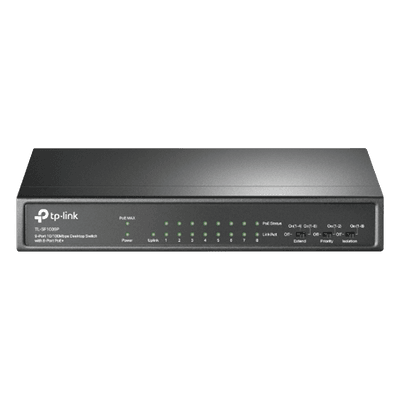 Switch PoE+ No Administrable / De Escritorio 9 puertos 10/100 Mbps / 8 puertos PoE af/at Inteligente / Presupuesto 65 W / Hasta 250 metros
