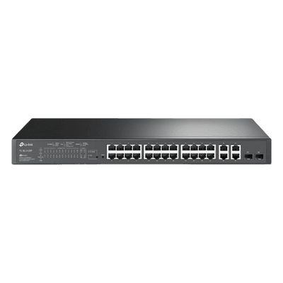 Switch PoE+ JetStream SDN Administrable 24 puertos 10/100 Mbps + 2 puertos 10/100/1000 Mbps (Uplink) + 2 puertos SFP (combo 2 RJ45 10/100/1000 Mbps), 250W, administración centralizada OMADA SDN