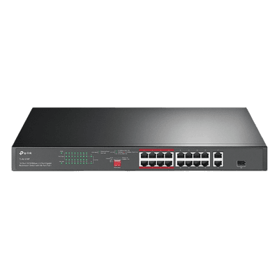 Switch PoE+ no Administrable 16 puertos 10/100 Mbps + 2 puertos 10/100/1000 Mbps + 1 puerto SFP, 8 puertos Extensor PoE (hasta 250 m), 150W, diseño para Vigilancia IP