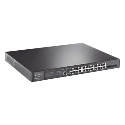 Switch L2+ Omada PoE+ / 24 Puertos PoE+ 10/100/1000 Mbps / 4 Puertos SFP 1G / 2 Puertos Consola (RJ45 y microUSB) / Administración Centralizada Omada o Stand-Alone / Multicast IGMP / Calidad de Servicio / Presupuesto PoE 384W / Montaje en Rack