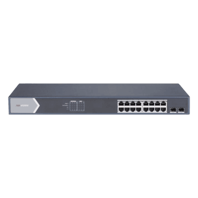Switch Gigabit PoE+ / Administrable / 16 Puertos 1000 Mbps PoE+ / 2 Puertos SFP / Configuración Nube desde Hik-ParnerPro / PoE hasta 300 Metros / 225 Watts