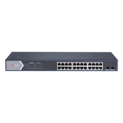 Switch Gigabit PoE+ / Administrable / 24 Puertos 1000 Mbps PoE+ / 2 Puertos SFP / Configuración Remota desde Hik-PartnerPro / PoE Extendido 250 Metros / 370 Watts