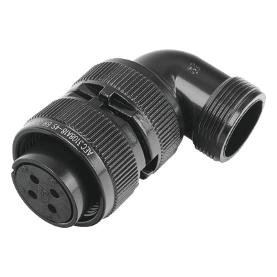 Conector Hembra en Ángulo Recto / 4 Contactos / Terminales Soldables / AWG 14-12 / Cuerpo Plateado Negro / Aislante Delrin / 90°
