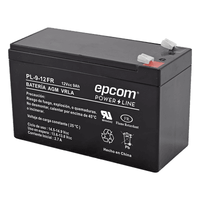 Batería 12 Vcc / 9 Ah / UL / Tecnología AGM-VRLA / Retardante a la flama / Para uso en equipo electrónico Alarmas de intrusión / Incendio/ Control de acceso / Video Vigilancia / Terminales tipo F1 / Cargador recomendado CHR-80.