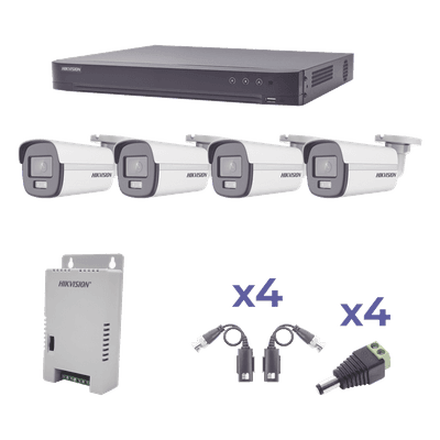 KIT COLORVU TURBOHD 1080p / DVR 4 Canales / 4 Cámaras Bala (exterior) lente 2.8mm / Fuente de poder profesional / Transceptores de video y Accesorios de corriente