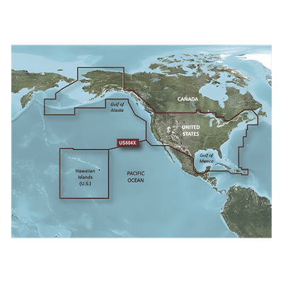 Mapa náutico / Cobertura costera EE.UU., Canadá oeste, Caribe / Contornos 1' / Sombreado 10 rangos / Auto ruta / Datos Garmin y Navionics