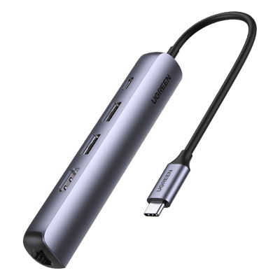 HUB USB-C (Docking Station) 5 en 1 | Ultra Delgado | 2 USB-A 3.1 a (5 Gbps) | HDMI 4K@60Hz | RJ45 (Gigabit Ethernet) | USB-C PD Carga Rápida 100W | Soporta OTG | Chips Inteligentes | Pequeño y Ligero | Caja de Aluminio.