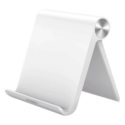Soporte de Escritorio para Tablet /  Ajustable de 0° a 100° / Goma Antiarañazos / Antideslizante / Amplia Compatibilidad con dispositivos de 4'' a 13'' / Plegable / ABS / Color Blanco
