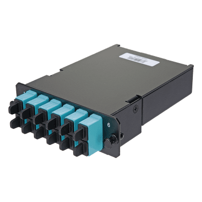 Placa Acopladora de Fibra Óptica FAP / 12 Fibras Multimodo OM3/OM4 / 6 Conectores SC Duplex / 12 Pigtails de 1 m (3.28 ft) / Color Aqua