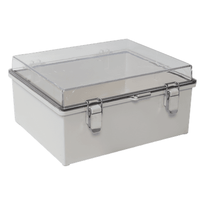 Gabinete Plástico ABS / IP66 / Puerta Transparente Policarbonato / 190 x 290 x 140 mm / Cierre Broche Inoxidable / Compatible Candado Perno 5 mm
