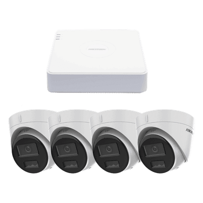 Kit IP 1080p (2 Megapixel) / NVR de 4 Canales con 4 Puertos PoE / 4 Cámaras IP Turret con Micrófono Integrado / ColorVu y ACUSENSE Lite