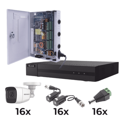 KIT TurboHD 1080p / DVR 16 Canales / 16 Cámaras Bala Policarbonato con Microfono (exterior 2.8 mm) / Transceptores / Conectores / Fuente de Poder Profesional